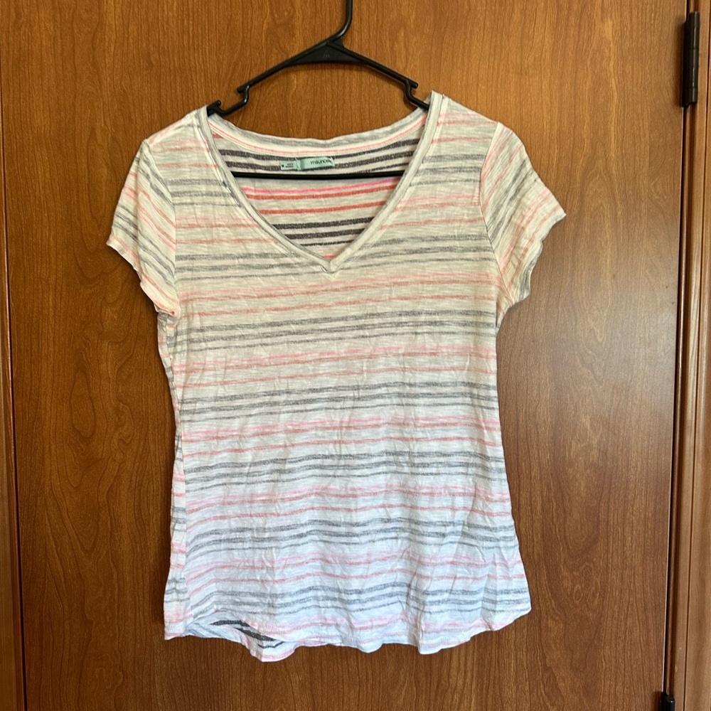 Maurices Pink and Gray Striped V-Neck Tee